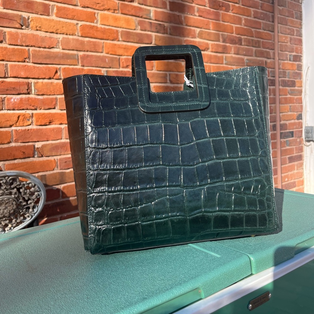 STAUD Croc-Embossed Teal Green Leather Tote with Adjustable Strap - Picture 3 of 12